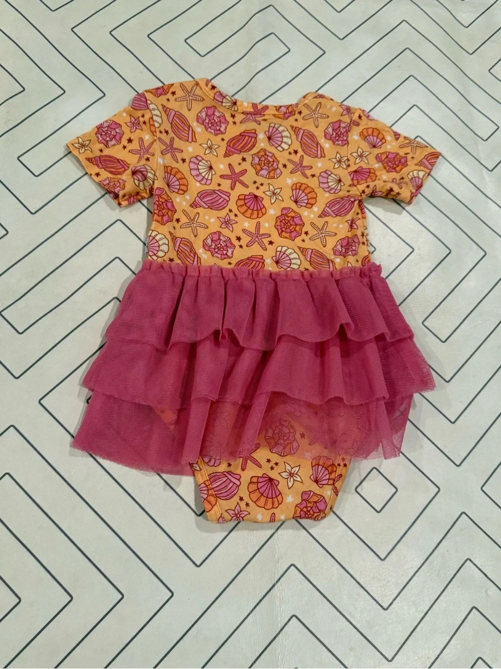 Dream Big Little Sea Shell Print One-Piece with Pink Tulle Skirt
